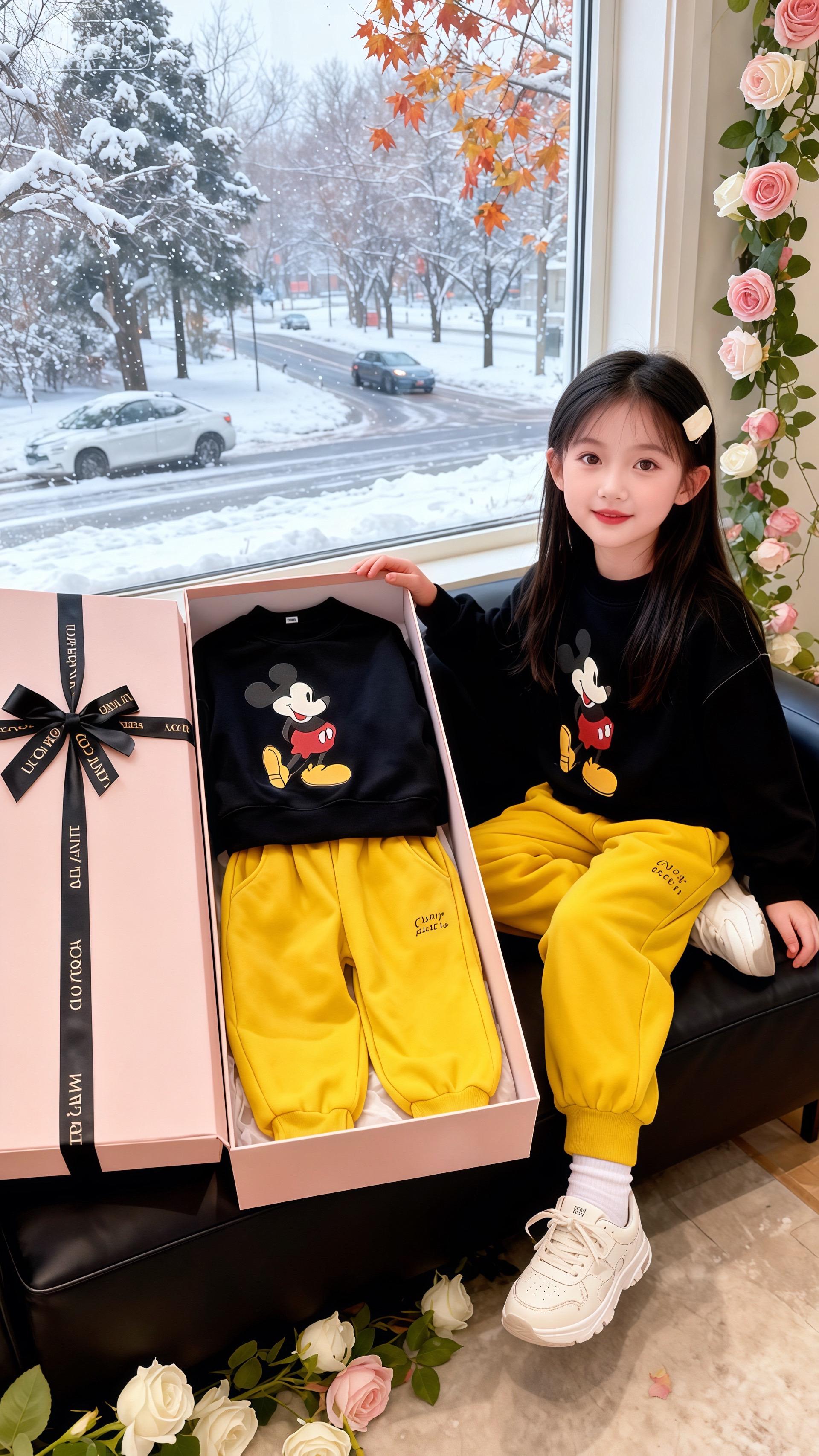 ❄️雪天里的治愈瞬间,是童真与温暖的双向奔赴~ 看这个穿着米奇卫衣的小可爱,手里捧着咖啡杯(当然是道具啦),对着手机镜头甜甜一笑,旁边的小白博美乖乖蹲坐,简直萌化了!窗外雪花簌簌,枝头还挂着秋意未尽的红枫,室内却因这簇鲜花和小家伙的存在满是暖意。 黑色卫衣的童趣、黄色卫裤的活力、毛绒鞋的软萌,每一处搭配都戳中审美点。谁说冬天只有冷寂?有孩子的天真、宠物的陪伴,再普通的角落都能变成治愈系片场~ 这样的画面,像一杯热可可,暖到心底。愿我们都能在忙碌生活里,捕捉到这般纯粹的小美好,把平凡日子过成童话呀~#萌娃日常 #雪天治愈 #童装搭配 #宠物陪伴 #生活小确幸