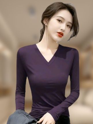 V领显瘦长袖T恤女春秋新款修身显瘦鸡心领打底衫时尚内搭