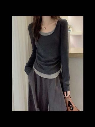 假两件撞色T恤女欧洲站2025早秋新款欧货女装时尚百搭打底小衫潮#女装 #新款上新 #今日分享 #每日穿搭 #谁穿谁好看 @DOU+小助手