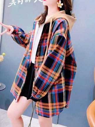格子连帽衬衫外套女春秋2025新款设计感小众衬衣宽松洋气长袖上衣