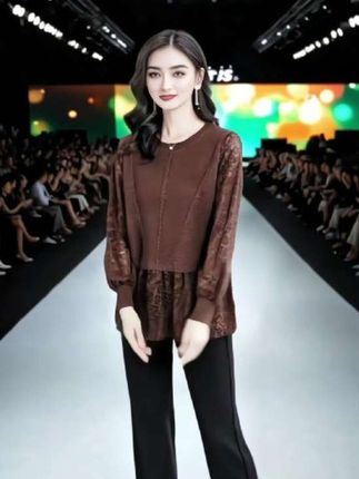 时尚蕾丝高档假两件上衣女春秋2025年新款洋气大码宽松显瘦打底衫#时尚休闲穿搭 #气质女神穿搭 @抖加🔥上热门🔥dou+🔥热点宝
