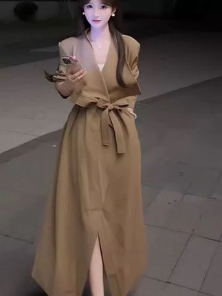 韩版翻领风衣休闲外套高级宽松显瘦气质英伦开衫外套长款风衣#今日穿搭 #穿出高级感 #显高显瘦 #高级感穿搭 #女装