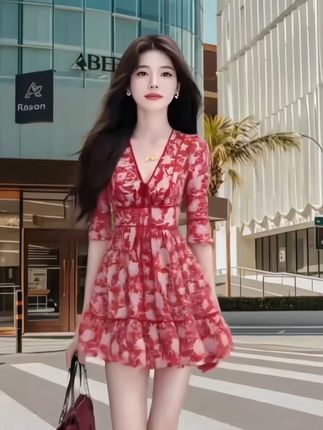 小个子温柔知性风红色碎花V领修身短袖收腰连衣裙女显瘦时尚短裙,#夏季穿搭 #今日穿搭 #碎花连衣裙 #度假穿搭 #上热门
