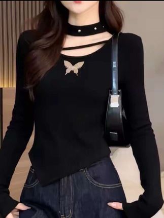 【现货】2025秋季新款 时尚蝴蝶装饰纯色百搭修身显瘦洋气长袖上衣#时尚#爆款#百搭上衣