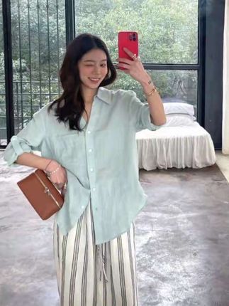 新款小清新衬衫 薄荷绿清新V领显瘦宽松衬衫女#长袖衬衫 #早秋新款 #通勤穿搭 #韩系穿搭 #简约穿搭