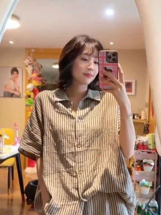 新款全棉纱布面慵懒风条纹宽松显瘦大码家居服可外穿#可外穿家居服 #宽松版型 #面料柔软舒适 #遮肉显瘦 #不挑年龄不挑身材