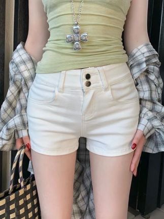 夏季热款双扣牛仔短裤女2025年新款包臀浅卡其低腰显瘦百搭热裤子#百搭时尚 #夏季新款 #双扣牛仔裤 #包臀裤 #低腰牛仔裤