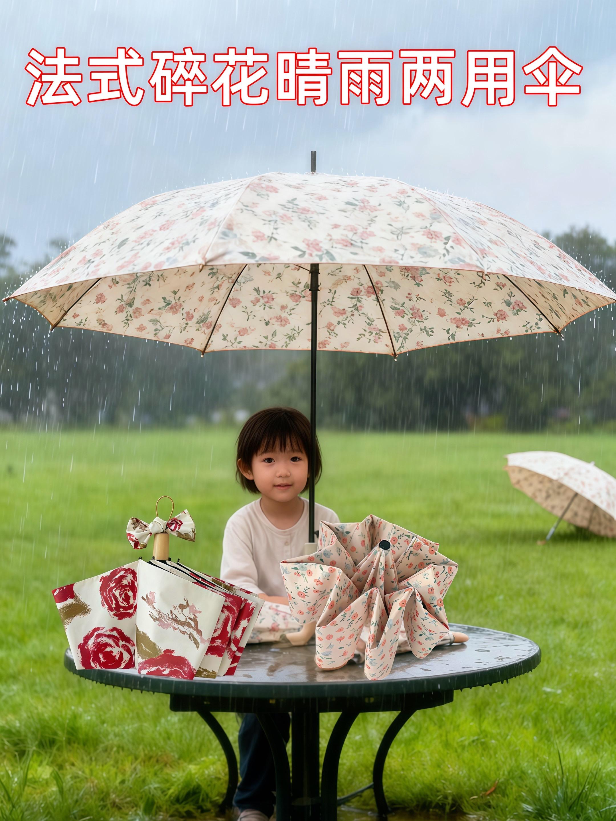 法式碎花晴雨两用伞。法式碎花晴雨两用伞|把浪漫随身携带 🌧️暴雨突袭时,撑开伞面即解锁「移动晴空」——高密度拒水涂层让雨滴秒速滑落,伞骨抗风性经级风速实测,暴雨中依然稳如磐石#出门必备 #好物推荐分享 #碎花伞@DOU+上热门