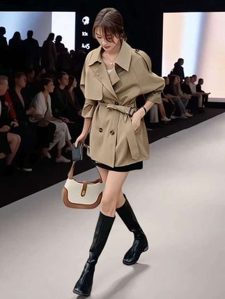 卡其色小个子短款风衣外套女2025春装新款法式宽松休闲英伦风大衣#时尚女装#时尚穿搭#风衣