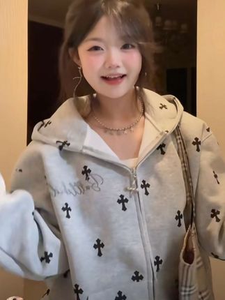 秋冬韩版慵懒风百搭宽松连帽开衫卫衣