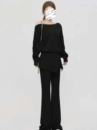 法式时尚套装女秋季宽松简约慵懒一字肩上衣修身显瘦微喇裤两件套#气质穿搭 #甜美穿搭 #辣妹穿搭 #套装穿搭 #高品质女装@DOU+上热门 @DOU+小助手