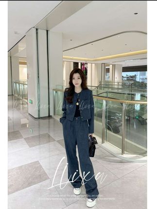 Liixu高级气质休闲圆领高腰阔腿裤牛仔风格小香套装女#高级感穿搭 #气质休闲 #小香套装 #穿出你的时尚你的感觉 #通勤穿搭