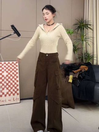 美式复古工装裤女秋季新款宽松高腰休闲显瘦阔腿长裤-K3316