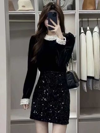 #长袖衬衫#亮片半身裙#时尚套装#气质两件套#洋气减龄