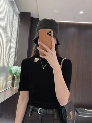 IMFLY金小金自制女装 T恤DYW9755早秋气质丝绒镂空短袖上衣女士#气质穿搭#今日分享