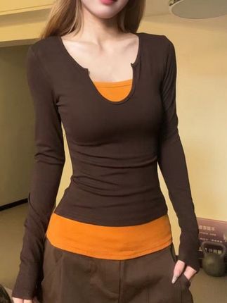 2025秋季新款拼接假两件长袖上衣女设计感修身显瘦内搭打底衫#假两件#长袖上衣#设计感#修身显瘦#打底衫