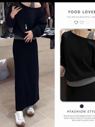 韩系女装设计感黑色假两件斜肩上衣半身长裙宽松显瘦春秋气质套装#好物推荐🔥