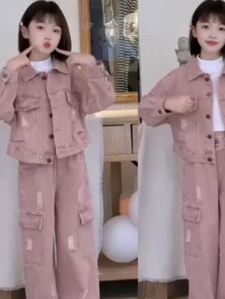 女童秋季新款短款牛仔外套破洞工装牛仔裤套装