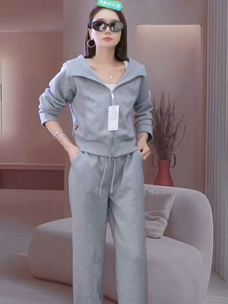#休闲风时尚套装阔腿裤秋冬连帽显瘦高腰高级感两件套