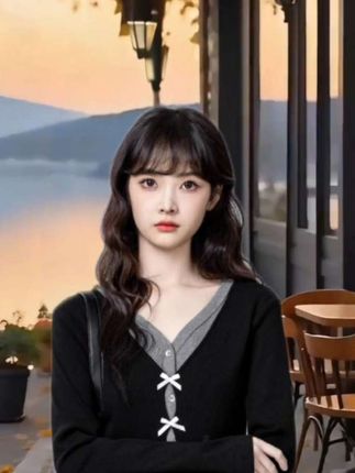 拉夏贝尔黑色假两件V领长袖T恤女2025春秋新款小众蝴蝶结短款上衣#时髦穿搭 #潮流时尚穿搭 #时尚女装穿搭 #美爆了 #减龄气质