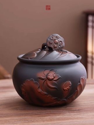 紫陶荷韵茶叶罐大中号密封储物罐精品高端家用储存罐装#密封罐
