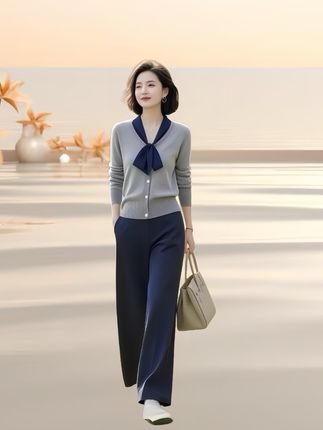 #韩版高级女装通勤设计感春秋新款拼接系带针织上衣直筒裤两件套装#高级感穿搭 #穿出自己的风格自信 #气质女神穿搭 #魅力穿搭
