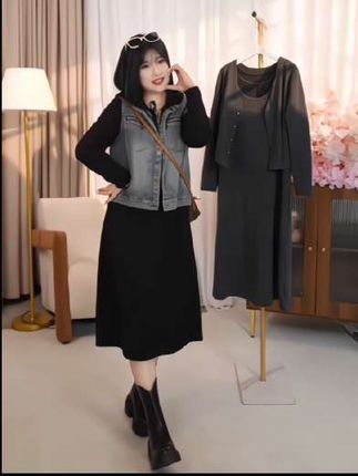 #胖归胖又不是不会穿 #秋冬穿搭新鲜感在线 #女装套装 #连帽卫衣裙 #牛仔马甲