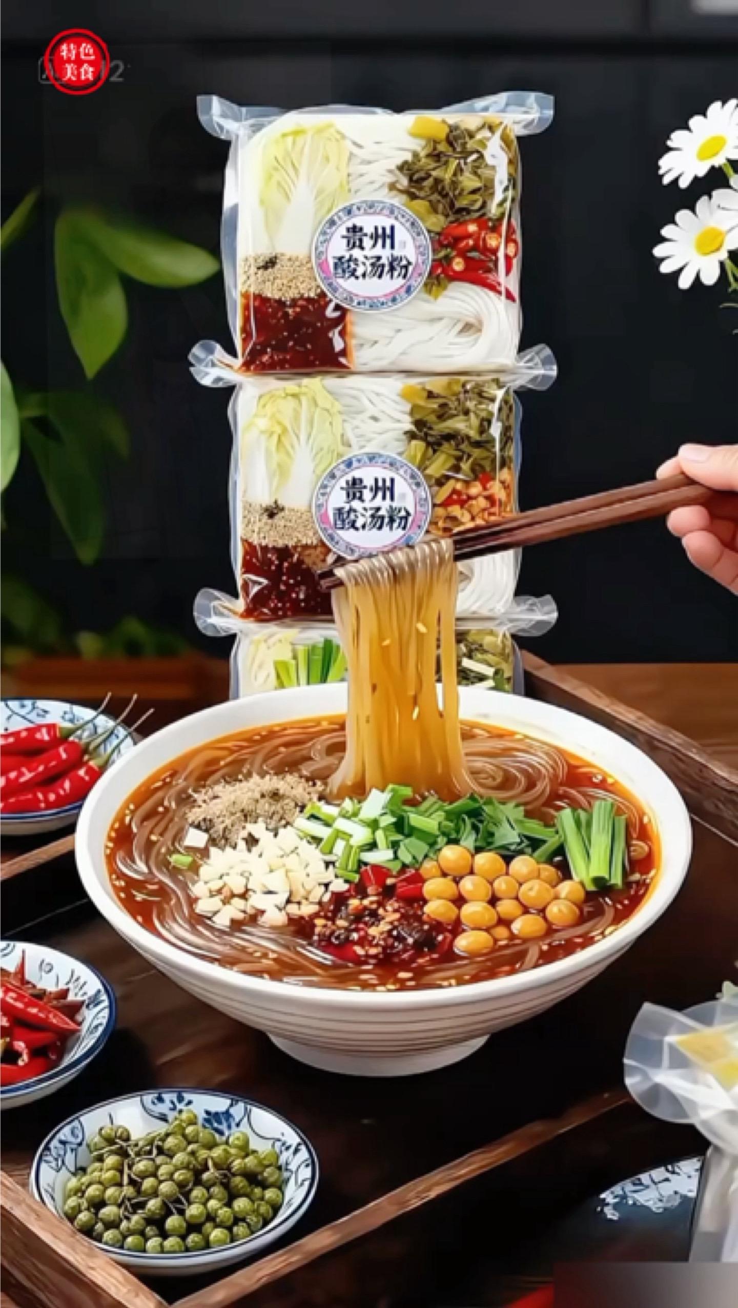 贵州酸汤粉。不用去贵州也能吃到好吃的酸汤粉了,就是这个玉梦家的凯里酸汤粉,吃起来特别方便,用开水一冲就能吃了。它这个酸汤是自然发酵的,喝起来很醇厚,而且里面还加了鲜椒酱,吃起来又酸又辣,味道刚刚好,不会太刺激。喜欢嗦粉的朋友们一定要试一下这碗正宗的贵州酸汤粉! #太好吃了 #速食 #营养美味又健康 #酸汤粉