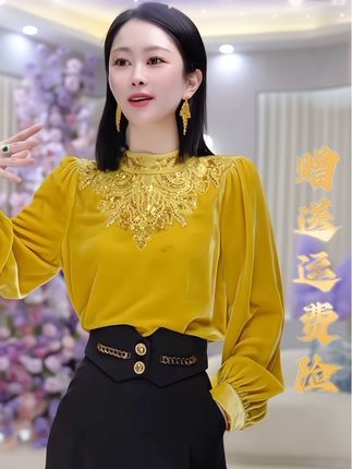 #优雅知性 #精致穿搭 #遮肚子藏肉 #减龄气质 #谁穿谁漂亮 【陈米米设计女装】【金凤凰】爆款洋气时尚丝绒上衣圆领衬衫 DY4964