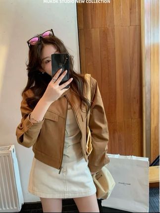 美拉德咖色麂皮绒外套女春秋季韩版显瘦宽松休闲短款时尚夹克上衣#今日穿搭 #日常搭配气质穿搭 #姐妹穿搭 #韩系穿搭