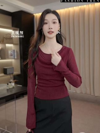 【王暖阳】聚会必备|早秋细闪荡领长袖后背系带收腰显瘦针织衫#初秋穿搭 #王暖阳##优雅气质 #显瘦穿搭 #气质穿搭