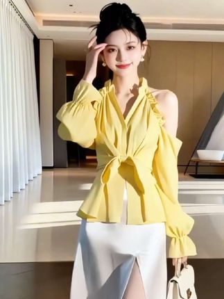 设计感露肩蝴蝶结衬衫独特小众超好看漂亮上衣#早秋贵气感穿搭#小众穿搭#衬衫穿搭#洋气减龄 #时尚穿搭