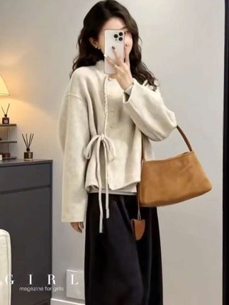 7- 2025秋冬新款韩系穿搭小香风蕾丝蝴蝶结毛呢外套休闲裤气质两件套