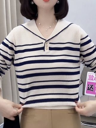 【80-160斤】海军领翻领条纹套头针织衫2025秋冬打底长袖上衣女318#针织衫 #针织衫穿搭 #海军领针织衫 #好物推荐🔥 #超便宜超划算 @DOU+上热门 @DOU+小助手