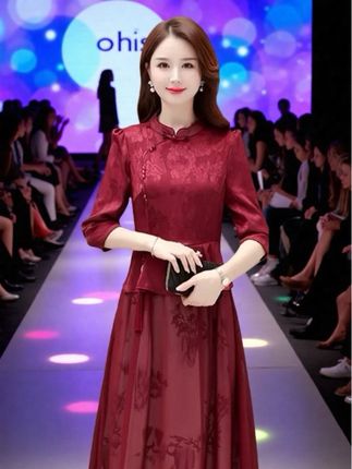 喜婆婆婚宴装旗袍女2025新款高档妈妈结婚十一长袖礼服裙子秋#婚庆礼服 #婚宴妈妈装 #高贵典雅 #晚礼服连衣裙