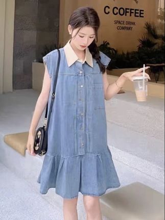 孕妇连衣裙夏季新款时尚韩版气质POLO领无袖荷叶边显瘦牛仔裙子女#孕妇装 #韩系穿搭 #polo连衣裙 #小众设计感 #夏季穿搭