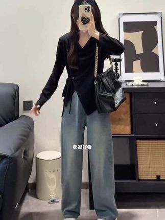 2025秋装新款胖mm大码女时尚不规则荡领T恤法式气质绑带上衣80207#秋季穿搭#时尚穿搭#面料柔软舒适 #谁穿谁好看#气质穿搭