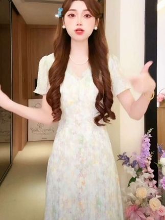 长裙夏季短袖碎花女式油画收腰连衣裙初恋长款气质显瘦裙子7009#连衣裙#显瘦显高显腿长 #碎花连衣裙穿搭