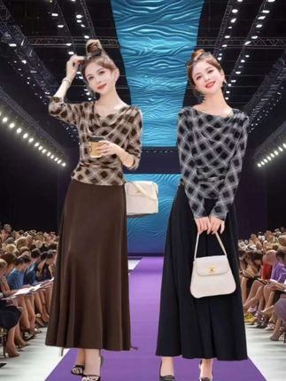设计感格纹撞色套装裙女2025春秋新款名媛风优雅气质半身裙两件套#优雅气质 #气场全开 #高级感穿搭 #套裙两件套
