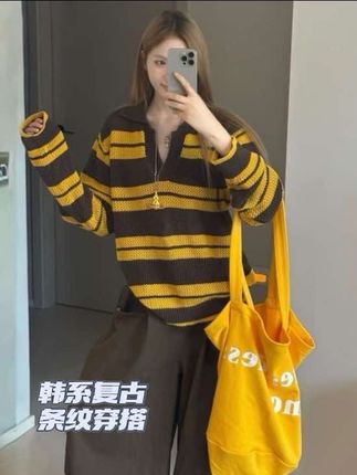 韩系撞色镂空针织衫女早秋新款百搭宽松polo领条纹套装上衣女复古#潮牌穿搭 #辣妹穿搭 #这衣服太酷辣入口 #今日穿搭 #小众穿搭