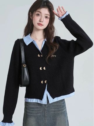 【宽松+视角显瘦】定制版黑色假两件针织衫女秋季新款学院风POLO领#Polo领上衣#学院风上衣#假两件上衣#针织衫上衣#宽松上衣