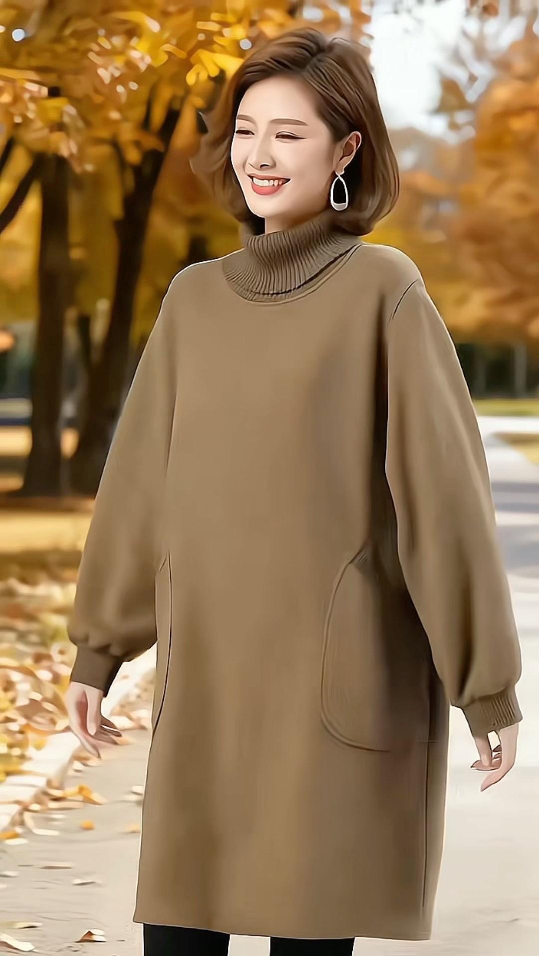 高领抗风+加绒保暖,中长款版型超显瘦!#遮肉显瘦遮肉减龄 #大码显瘦#单穿内搭都好看 #宽松有范 #遮肚子藏肉显瘦连衣裙