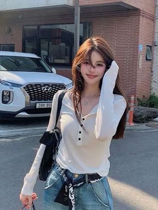【韩女亨利领】超舒服面料撞色扣长袖打底T#今日穿搭 #新衣服可以治愈各种不开心 #这样穿太好看了 #亨利领t恤 #显瘦穿搭