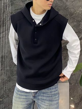无袖连帽按扣马甲上衣休闲百搭背心潮流空气层面料坎肩秋季新款男#男士马甲 #男士背心 #坎肩