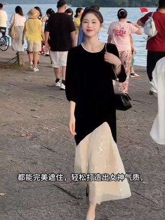 #我要上热门 2025秋季设计师拼接亮片气质显瘦连衣裙时尚韩版宽松中长款连衣裙#高级感穿搭 #甜美风穿搭 #气场全开 #显高显瘦