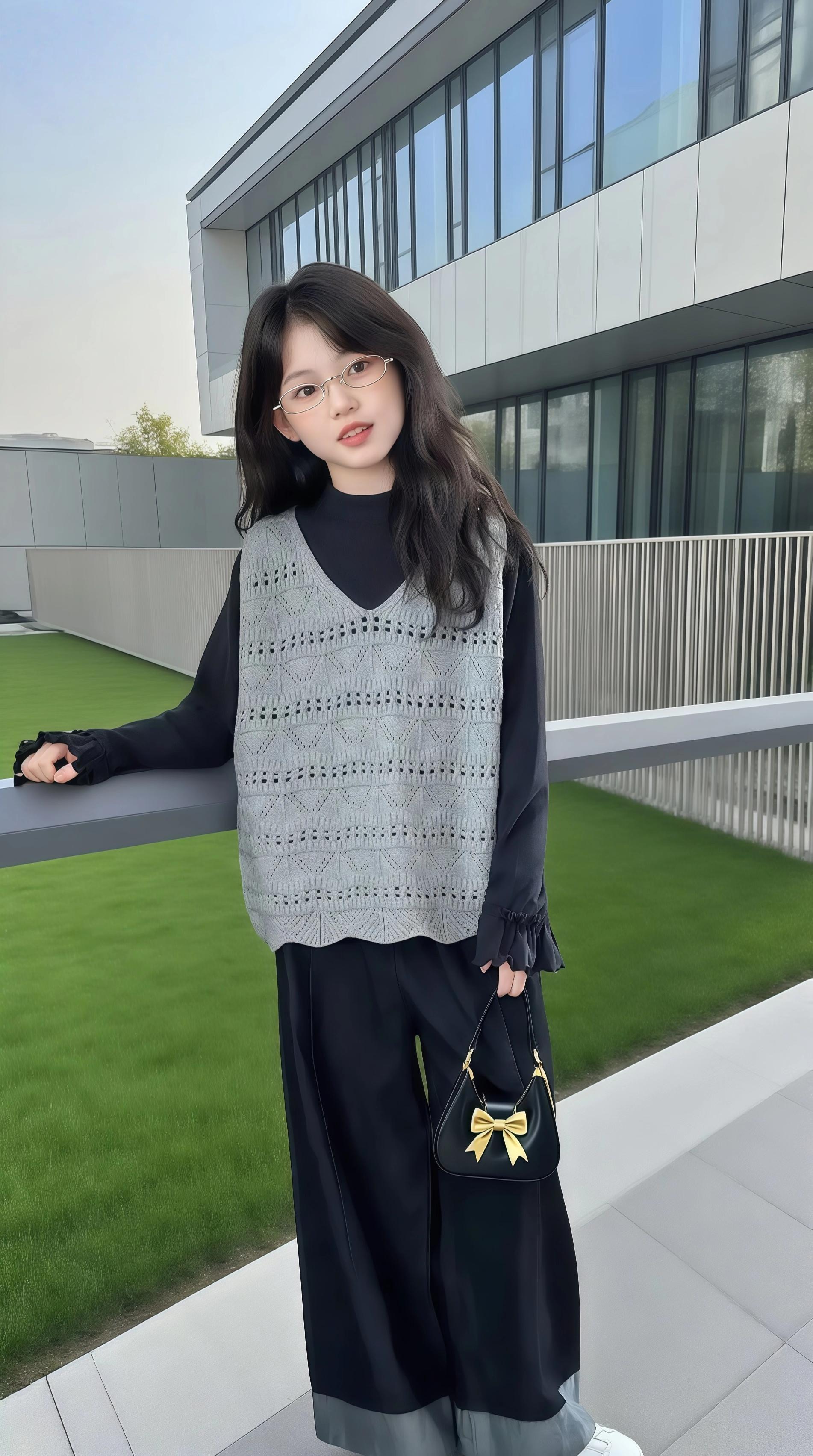 女童春秋洋气针织马甲打底衫阔腿牛仔裤。#秋季不露腿穿搭 #早秋冷冽随性质穿搭#简约穿搭 #每日分享 #时尚气质穿搭