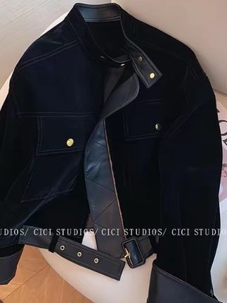 黑色pu皮拼接绒面立领短外套女2025秋季新款复古美式气质显瘦上衣#皮衣外套搭配 #风衣穿搭 #ootd穿搭 #秋季新款 #气质穿搭