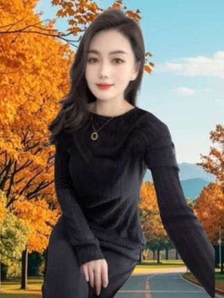#圆领竖条纹纯色长袖T恤,春秋新款时尚百搭休闲装洋气小衫 #好身材好气质 #春秋穿搭 #时尚气质穿搭