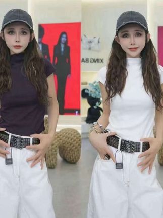 星宝定制高冷色系半高领短袖T恤四季可穿新款欧货修身显瘦上衣#上衣穿搭 #百搭上衣 #强烈推荐