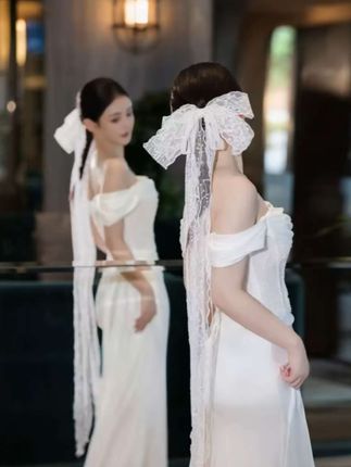 非金属布艺婚庆饰品 新娘法式优雅蕾丝长款蝴蝶结飘带发饰MC2959 #优雅气质 #甜美风 #发饰 #仙气飘飘 #超美